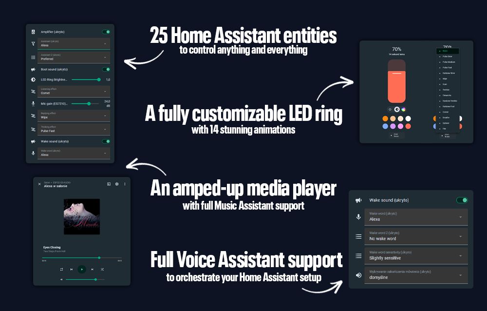 Home Assistant entities, the LED ring animation picker, the media player and the wake-word controls